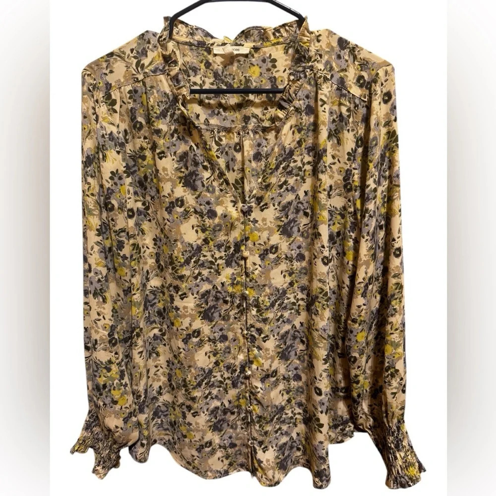 Maurices Yellow Floral Ruffle Neck Long Button Down Sleeve Women’s Blouse Sz L